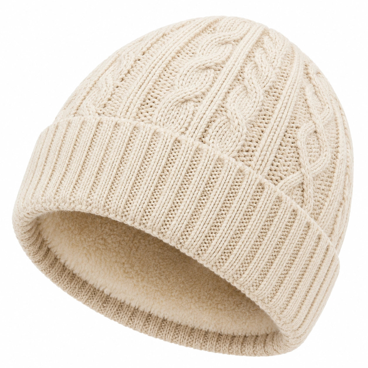 Berretto a maglia taglia unica color crema con fodera morbida - stile invernale