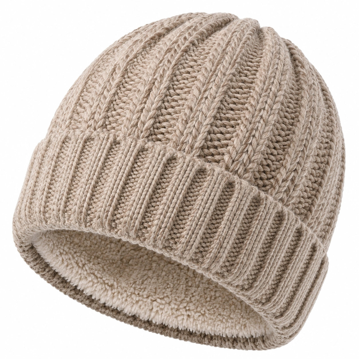 Berretto in maglia taglia unica beige con risvolto e fodera morbida - accessorio invernale unisex