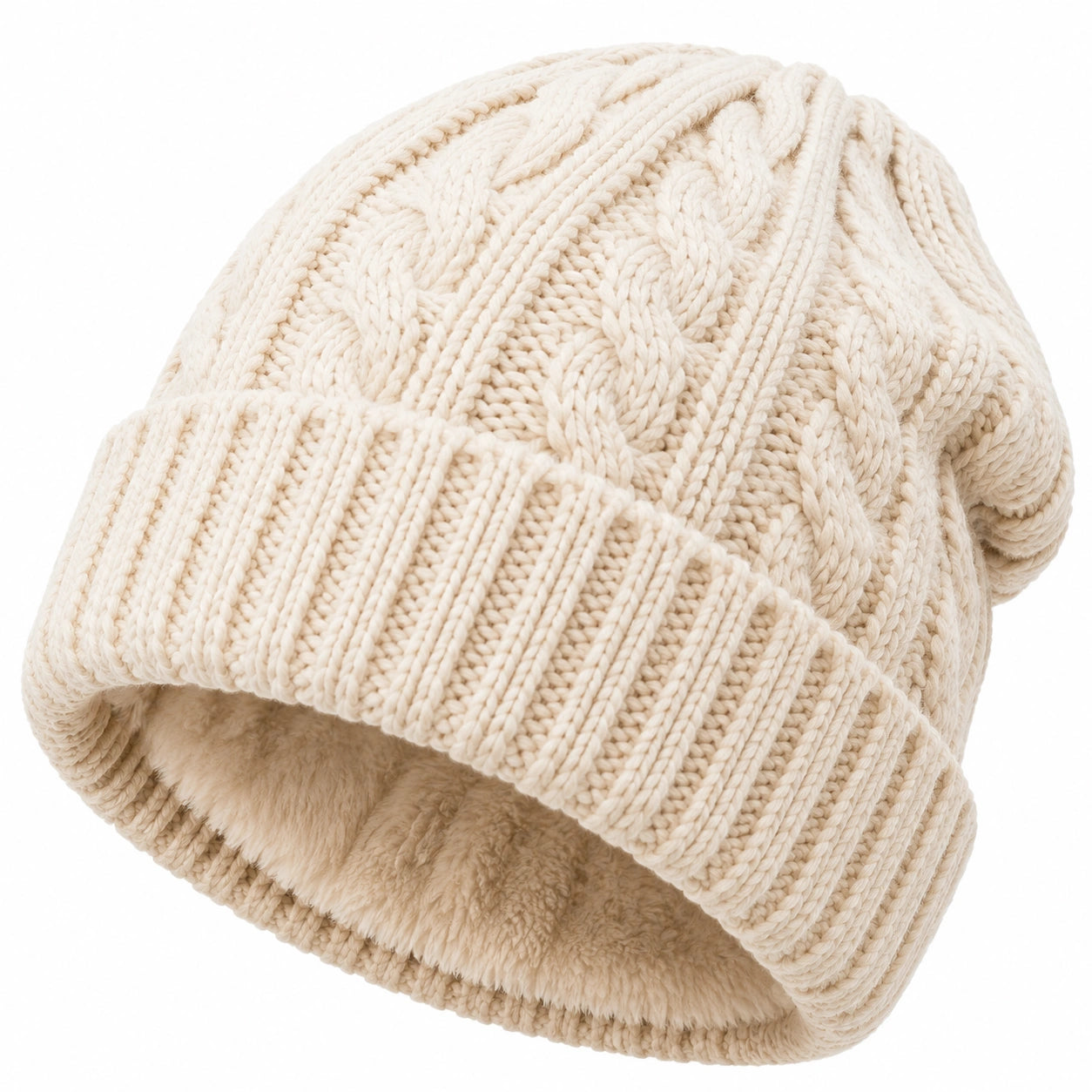 Cappello invernale taglia unica in maglia color crema con risvolto e fodera morbida