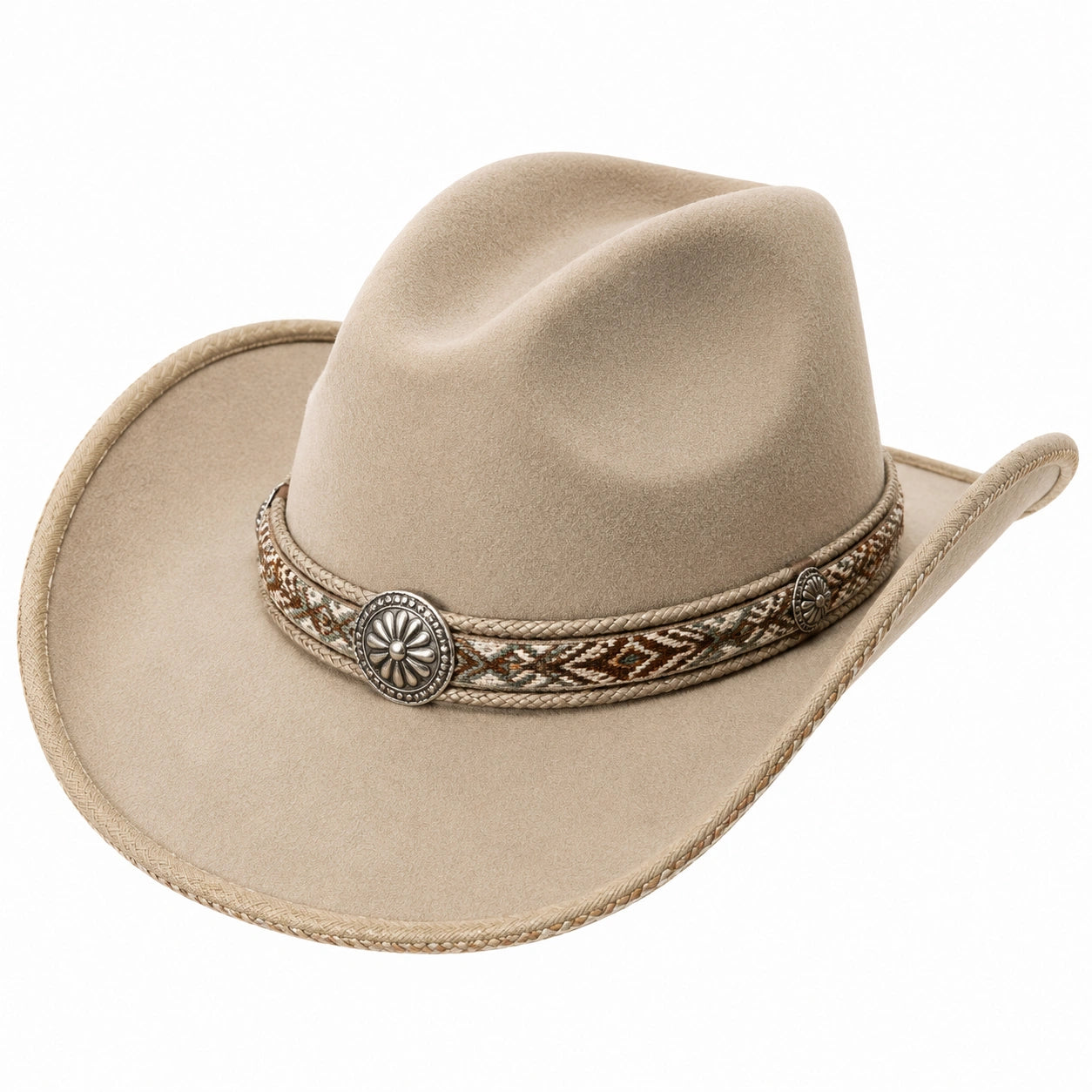 Cappello western taglia unica in tessuto beige con fascia decorativa stile cowboy