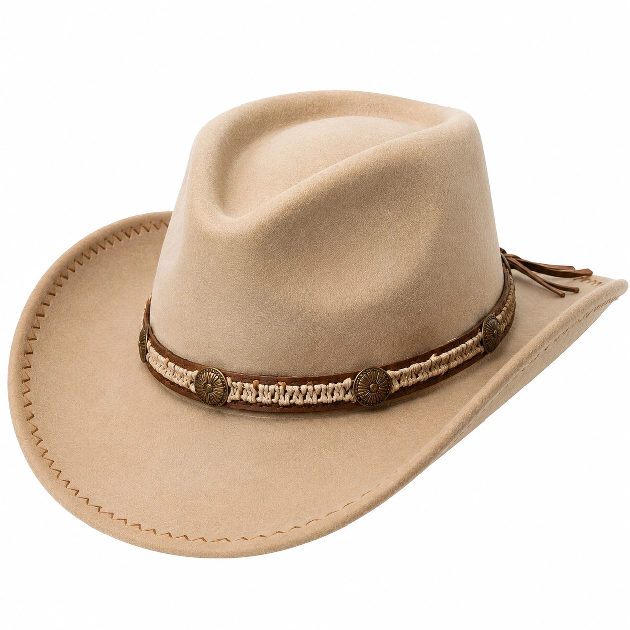 Cappello da cowboy beige in similcamoscio con fascia decorativa regolabile