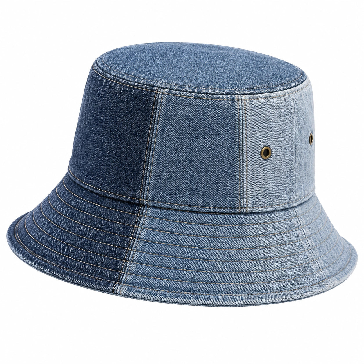Cappello pescatore taglia unica in tessuto denim blu bicolore con tesa ampia