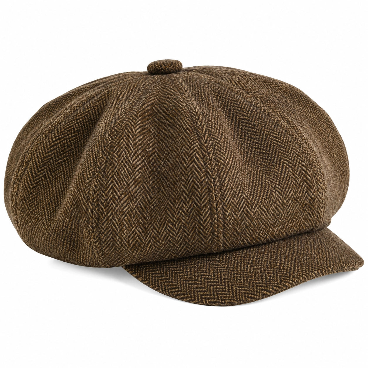 Cappello a otto spicchi taglia unica in tessuto marrone a spina di pesce con visiera